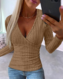 New Sunken Stripe Button Knitted Pullover V-neck Slim-fit Long-sleeved T-shirt for Women