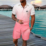 Men’s Gradient 3D Printed Short Sleeve Shirt & Shorts, 2-Piece Outdoor Set