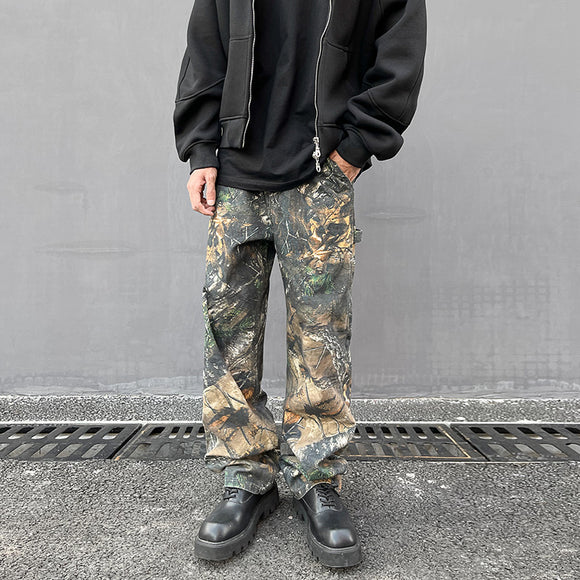 Men's Loose Straight Print, Tree Pattern Camouflage Jeans
