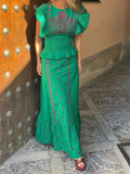 Summer European and American Fashion, Elegant Flowers Embroidered Flounced Sleeve, Top and Skirt