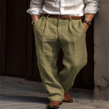 Men's Linen Trousers, Double Pleated Front Pocket Straight Pure Color Comfortable Breathable Casual Pants