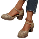 New Retro Easy Matching, Hollow Out, Mid Heel, Toe Box Ankle-strap, Buckle Pumps