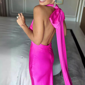 Fashionable Rose Red, Half-empty Backless Long Dress