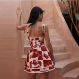 Women's Flower Print Lace Sling Dress, V-neck Waist-baring Skirt, Fashion Summer Clothing