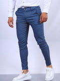 Men's Slim Button Trousers, Office Fashion, Solid Versatile Long Pencil Pants