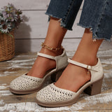 New Retro Easy Matching, Hollow Out, Mid Heel, Toe Box Ankle-strap, Buckle Pumps