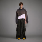 Washed Old Large Pocket Overalls, Vintage Leopard Print Wide Leg Pants