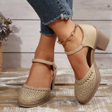 New Retro Easy Matching, Hollow Out, Mid Heel, Toe Box Ankle-strap, Buckle Pumps