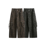 Washed Old Large Pocket Overalls, Vintage Leopard Print Wide Leg Pants