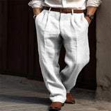 Men's Linen Trousers, Double Pleated Front Pocket Straight Pure Color Comfortable Breathable Casual Pants