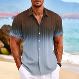 Lapel Button Short-sleeved Shirt, Summer Fashion Gradient Striped Print Beach Leisure Tops, Men's Clothing