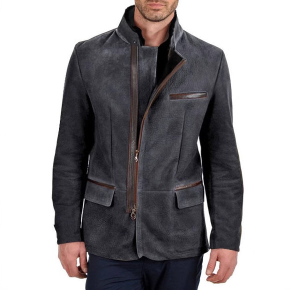 Men's Vintage Casual Jacket – Stand Collar, Zipper, Patchwork Design