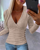 New Sunken Stripe Button Knitted Pullover V-neck Slim-fit Long-sleeved T-shirt for Women