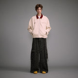 Washed Old Large Pocket Overalls, Vintage Leopard Print Wide Leg Pants
