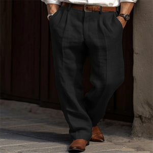 Men's Linen Trousers, Double Pleated Front Pocket Straight Pure Color Comfortable Breathable Casual Pants