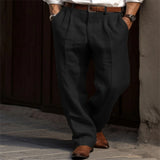 Men's Linen Trousers, Double Pleated Front Pocket Straight Pure Color Comfortable Breathable Casual Pants