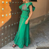 Summer European and American Fashion, Elegant Flowers Embroidered Flounced Sleeve, Top and Skirt