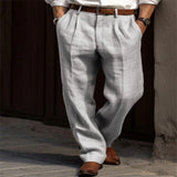 Men's Linen Trousers, Double Pleated Front Pocket Straight Pure Color Comfortable Breathable Casual Pants