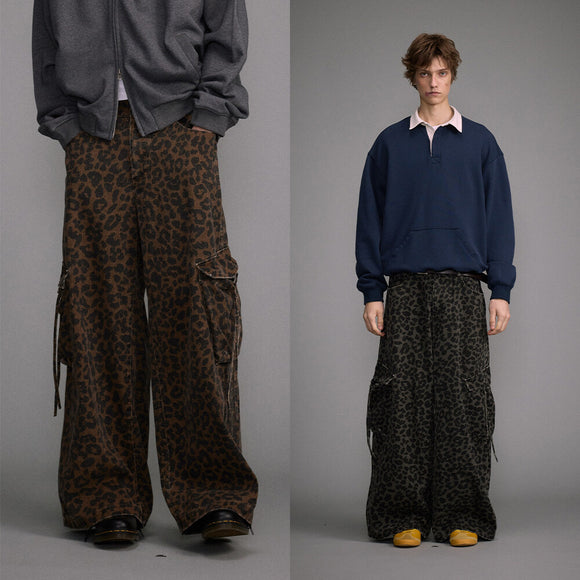 Washed Old Large Pocket Overalls, Vintage Leopard Print Wide Leg Pants