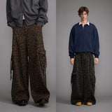 Washed Old Large Pocket Overalls, Vintage Leopard Print Wide Leg Pants