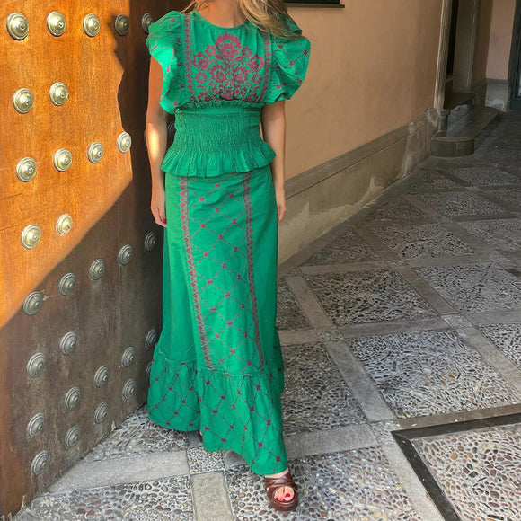 Summer European and American Fashion, Elegant Flowers Embroidered Flounced Sleeve, Top and Skirt