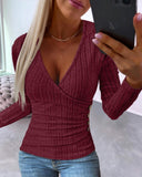New Sunken Stripe Button Knitted Pullover V-neck Slim-fit Long-sleeved T-shirt for Women
