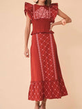 Summer European and American Fashion, Elegant Flowers Embroidered Flounced Sleeve, Top and Skirt