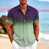 Lapel Button Short-sleeved Shirt, Summer Fashion Gradient Striped Print Beach Leisure Tops, Men's Clothing