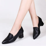 Soft Leather, Low-cut Leather, Pointed Toe Thick Heel, Women's Shoes