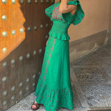 Summer European and American Fashion, Elegant Flowers Embroidered Flounced Sleeve, Top and Skirt