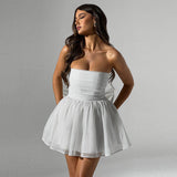Tub-e Top Lace Dress with Back Bow-knot, Summer Fashion Temperament Mesh Stitching Off-neck Short Skirt