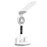 3-in-1 Multifunction Table Lamp LED Four-headed Folding Fan, USB Rechargeable Desk Light Calendar Clock