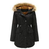 Women's Hooded Fur Collar Fleece-lined Warm Jacket