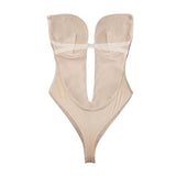 Deep V-neck Body Shaper, Backless U-plunge Thong, Waist Trainer, Clear Strap Padded Corset