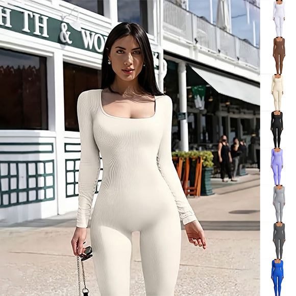 Women's Yoga Sports Fitness Jumpsuit, Workout Long Sleeve Square Collar Clothing