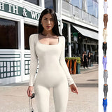 Women's Yoga Sports Fitness Jumpsuit, Workout Long Sleeve Square Collar Clothing