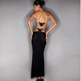 Floral Print Halter Spaghetti Straps Dress, Sexy Slim Butterfly Back Spring Summer Women's Gown