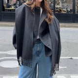 Wool-blend Coat with Striped Tassel Scarf Collar
