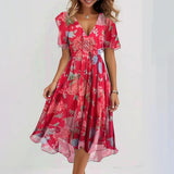 Chiffon Printed Short Sleeve Dress, Summer Elegant V-neck Frock, Women's Clothing