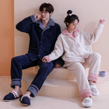 Couples' Autumn Winter Pajama Set, Thick Coral Fleece, K-fashion - Zippered Top and Matching Bottoms