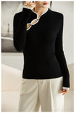 Women’s Hollow-out Knit Sweater with Buckle Stand Collar – Thin Wool Blend Pullover