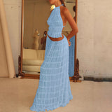 2 Pcs Women's Dress Suit, Sexy Sleeveless Backless Cropped Halter Top and Pleated Long Gown
