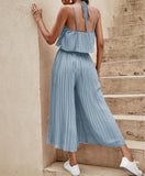 Women's Summer Solid Color Vacation Loose Suit, Backless Strap Thin Romper Streetwear, INS One-piece Outfit Beach Style, Striped Wide Leg Trousers Casual Dress