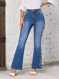 Women's Fashionable Stretch, Floral Embroidered Flared Jeans