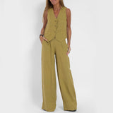Summer Vest Suits, V-neck Bottom Sleeveless Top and Loose Straight Trousers, Casual Women's Clothing