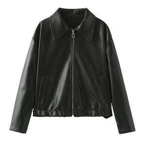 Solid Color Lapel Zipper Jacket, Casual Long Sleeve Leather Coat Tops, Women's Outdoor Clothing