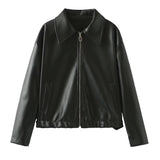 Solid Color Lapel Zipper Jacket, Casual Long Sleeve Leather Coat Tops, Women's Outdoor Clothing