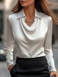 Women’s Satin Draped Swing Collar Blouse – Elegant Solid Long-sleeve Office Top for Spring