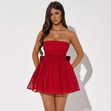 Tub-e Top Lace Dress with Back Bow-knot, Summer Fashion Temperament Mesh Stitching Off-neck Short Skirt