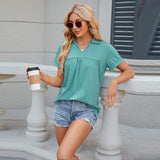 Solid Color V-neck Lapel Short-sleeved T-shirt, Summer Loose Top, Women's Clothing